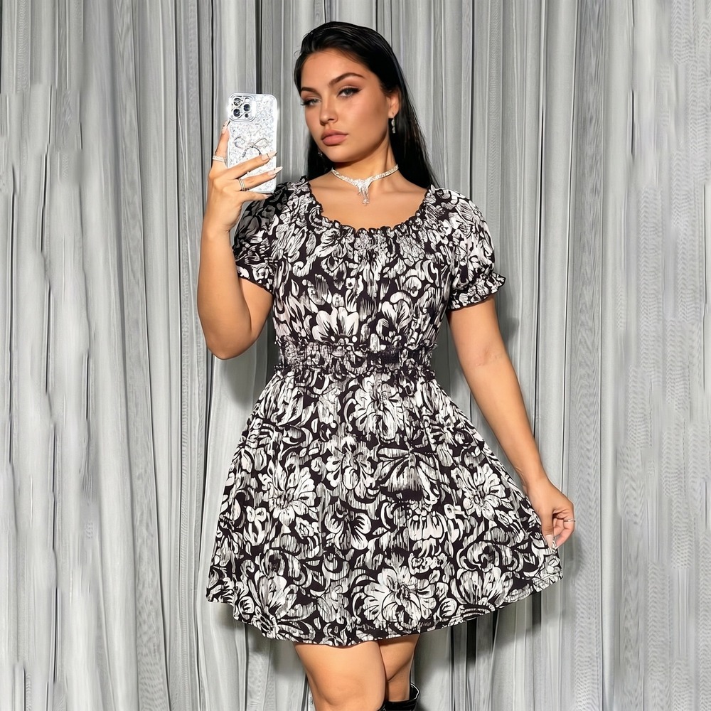 Enfocus Studio Floral Smocked Waist Dress 12 Brown White Ruffle Short Sleeve
